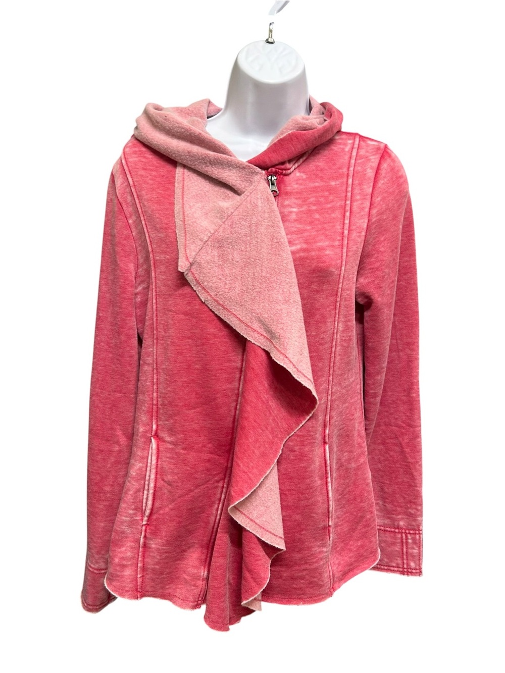 Blanc Noir Acid Wash Hooded Ruffle Zip Up Cardigan Sweatshirt Jacket Size M